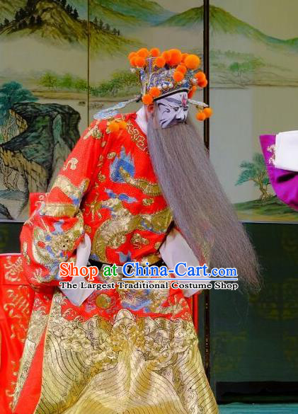 Chinese Peking Opera Dong Zhuo Official Costumes Garment Lv Bu and Diao Chan Elderly Male Apparels Red Python Embroidered Robe and Headwear