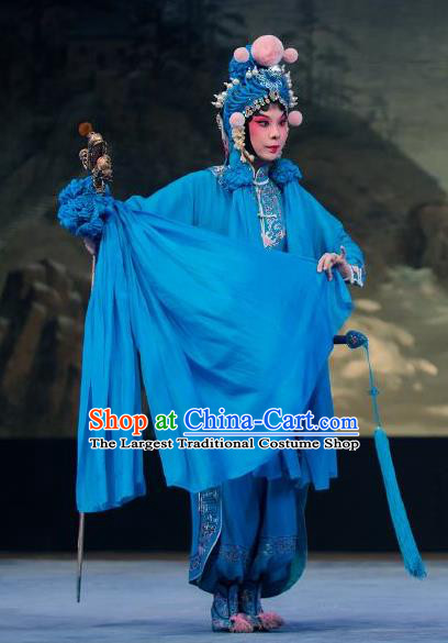 Chinese Traditional Henan Opera Martial Female Legend of the White Snake Costumes Peking Opera Apparel Wudan Blue Garment and Headwear