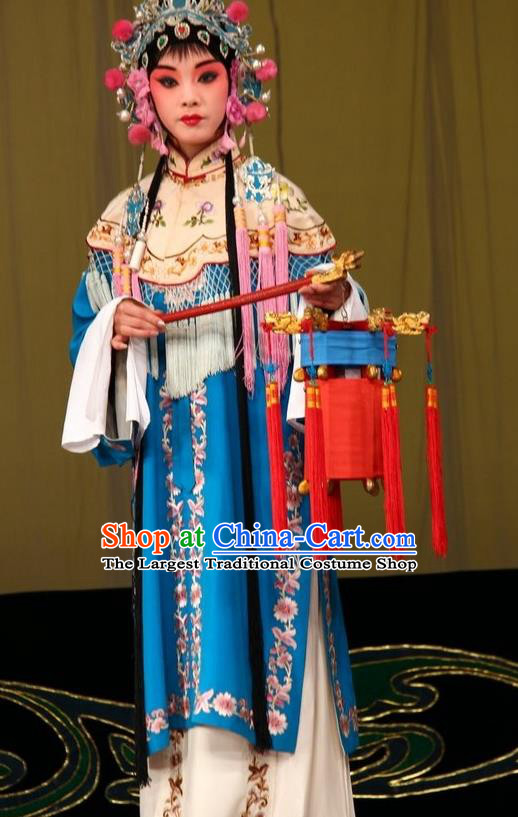 Chinese Traditional Peking Opera Court Maid Garment Costumes Watch Tower Wang Er Lou Apparels Hua Tan Blue Dress and Headpieces