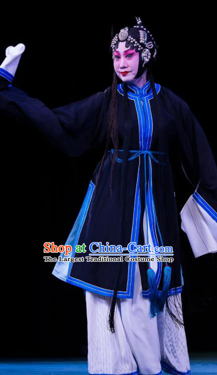 Traditional Chinese Peking Opera Distress Maiden Apparels Garment Four Scholars Actress Tsing Yi Navy Dress Costumes and Headwear