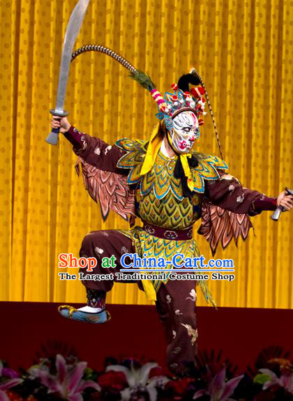 Chinese Peking Opera Monster Takefu Costumes The Fire Fenix Apparels Martial Male Actor Wu Sheng Purple Garment and Headwear