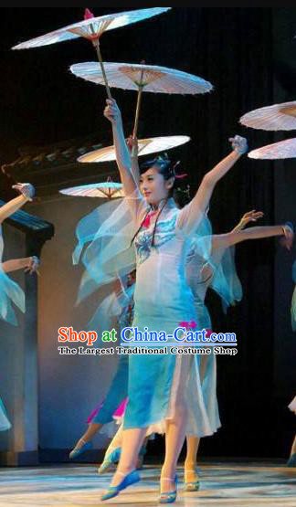 Chinese Yan Yu Xing Zhou Classical Dance Blue Dress Traditional Umbrella Dance Stage Performance Costume for Women