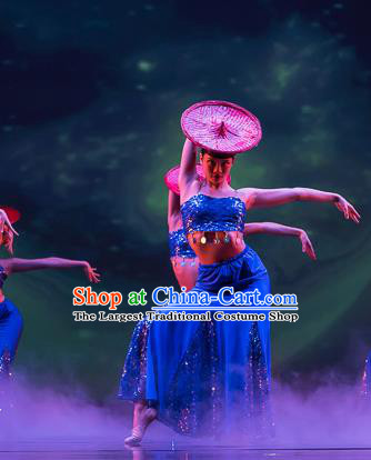 Chinese Shan Ling Dai Nationality Peacock Dance Blue Dress Traditional Folk Dance Stage Performance Costume for Women