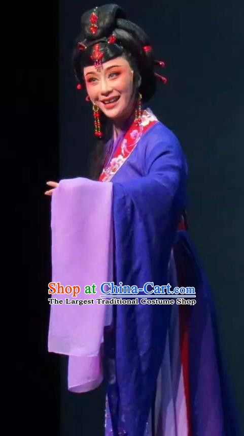 Chinese Shaoxing Opera Noble Dame Blue Dress Costumes Apparels and Headpieces Hedda or Aspiration Sky High Yue Opera Elderly Female Garment