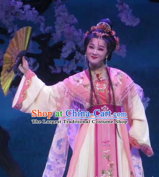 Chinese Shaoxing Opera Actress Pink Dress and Headdress Li Hua Qing Yue Opera Hua Tan Garment Rich Lady Leng Yan Apparels Costumes