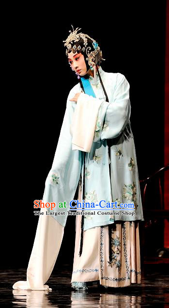 Chinese Kun Opera Actress The Peach Blossom Fan Blue Dress Apparels Peking Opera Hua Tan Garment Li Xiangjun Costumes and Headwear