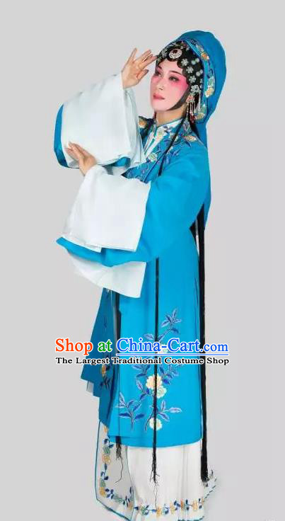 Chinese Shaoxing Opera Actress Garment Apparels Costumes and Headdress Breeze Pavilion Yue Opera Hua Tan Blue Dress