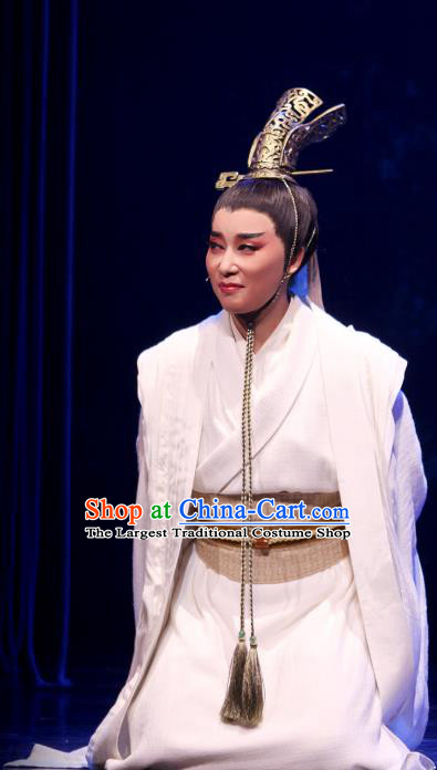 Chinese Yue Opera Young Male Niche Apparels and Headwear Shaoxing Opera King Wu Yue Xiaosheng Qian Chu Garment Costumes