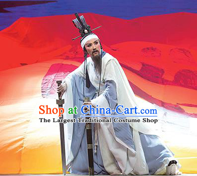 Chinese Yue Opera Poet Garment Costumes and Headwear Qu Yuan Shaoxing Opera Laosheng Elderly Male Apparels