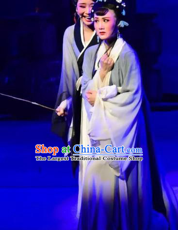 Chinese Shaoxing Opera Hua Tan Liu Hanyan Dress Costumes and Hair Accessories Smoky Rain Celadon Yue Opera Young Female Garment Apparels