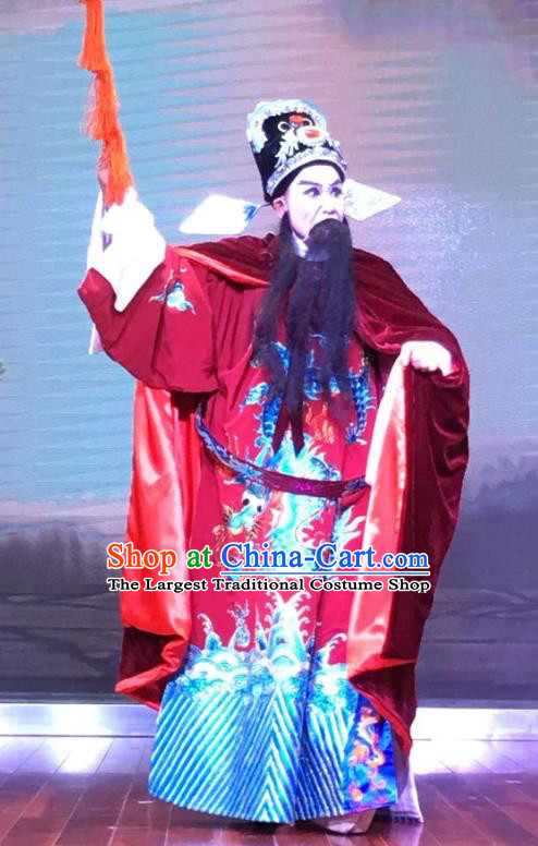 Chinese Yue Opera Official Garment and Headwear The Crimson Palm Shaoxing Opera Elderly Male Apparels Costumes Embroidered Robe