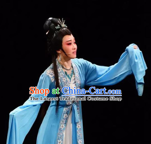 Chinese Shaoxing Opera Hua Tan Chen Sanliang Blue Dress Apparels Costumes and Headpieces Yue Opera Young Female Actress Garment