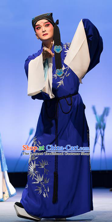 Chinese Classical Kun Opera Young Male Apparels The Story of Pipa Peking Opera Garment Scholar Blue Costumes and Headwear