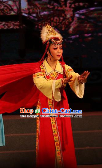 Chinese Shaoxing Opera Hua Tan Young Female Apparels Costumes and Headwear Xi Ma Qiao Yue Opera Princess A Jiao Red Dress Garment