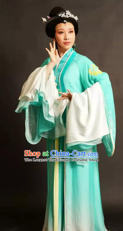 Chinese Shaoxing Opera Young Female Xi Daomao Green Dress Costumes and Headpieces Wu Yi Lane Yue Opera Hua Tan Apparels Actress Garment