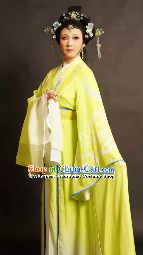 Chinese Shaoxing Opera Young Mistress Xi Daomao Yellow Dress Costumes and Headpieces Wu Yi Lane Yue Opera Hua Tan Actress Apparels Garment