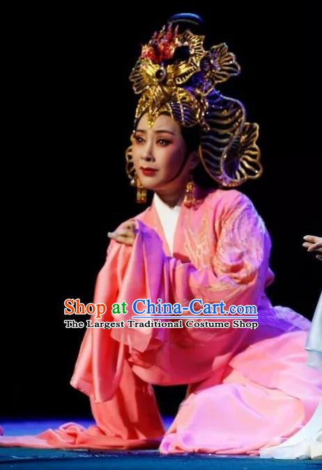 Chinese Shaoxing Opera Hua Tan Apparels Costumes and Headdress The Story of Goddess Yue Opera Actress Pink Dress Garment