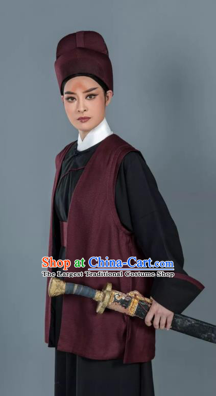 Chinese Yue Opera Baozheng Tears Martial Man Apparels and Hat Shaoxing Opera Wusheng Garment Bodyguard Swordsman Ma Han Costumes