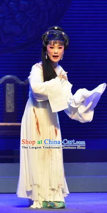 Chinese Shaoxing Opera Distress Maiden Garment Costumes and Headdress Palm Civet for Prince Yue Opera Imperial Consort Li White Dress Apparels