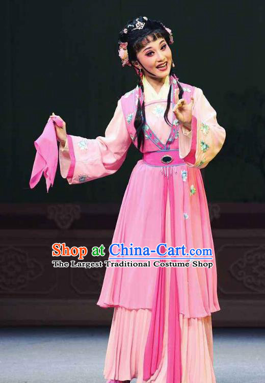 Chinese Shaoxing Opera Young Lady Pink Dress Apparels Costumes and Headpieces Chun Cao Yue Opera Servant Girl Garment