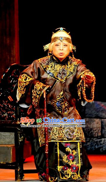 Chinese Shaoxing Opera Old Dame Dong Hua Costumes and Headdress Yue Opera Liu Hua Xi Elderly Female Dress Garment Apparels