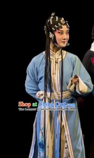 Chinese Kun Opera Young Female Blue Dress Apparels Costumes and Headpieces Lan Ke Mountain Kunqu Opera Hua Tan Garment