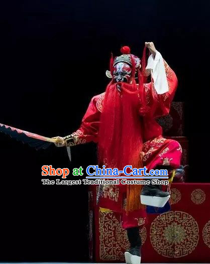 Burning Incense Chinese Kun Opera Wusheng Red Apparels Garment Costumes and Headwear Kunqu Opera Warrior Clothing