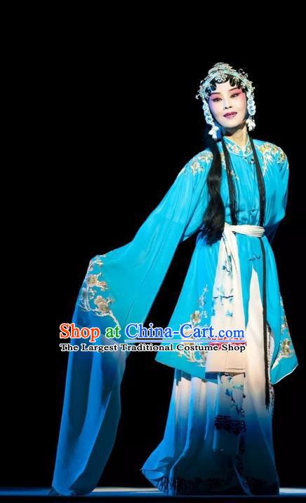 Chinese Kun Opera Tsing Yi Fu Guiying Dress Apparels Costumes and Headdress Burning Incense Kunqu Opera Distress Maiden Blue Garment