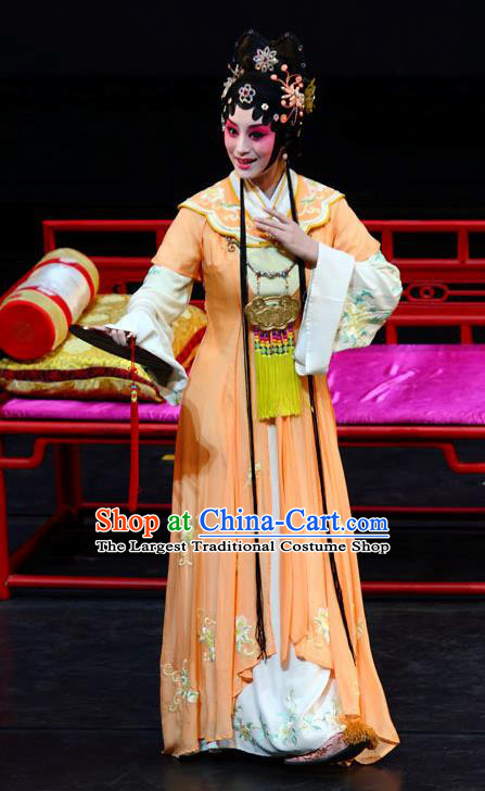 Chinese Kun Opera Huadan Xue Baochai Orange Dress Apparels Costumes and Headpieces Dream of Red Mansions Kunqu Opera Young Lady Garment