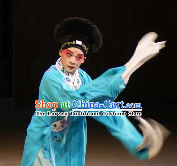 Leifeng Pagoda Chinese Kun Opera Niche Blue Robe Apparels and Headwear Kunqu Opera Xiaosheng Scholar Garment Costumes