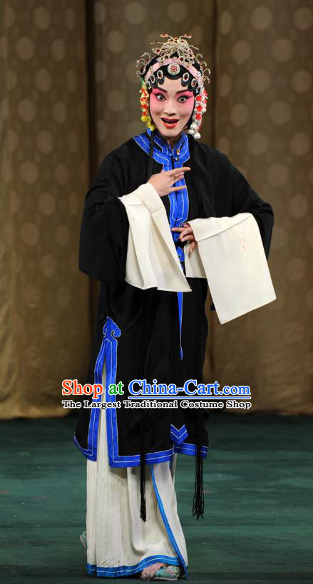 Chinese Kun Opera Tsing Yi Zou Feixia Costumes Apparels and Headpieces Yu Jia Le Traditional Kunqu Opera Distress Maiden Black Dress Garment