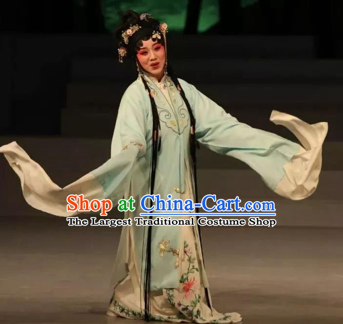 Traditional Chinese Kun Opera Young Beauty Apparels Costumes and Headpieces Zhu Meng Ji Traditional Kunqu Opera Hua Tan Blue Dress Garment