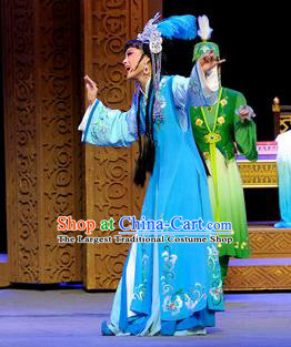 Chinese Shaoxing Opera Court Lady Blue Dress Desert Prince Yue Opera Garment Costumes Princess Consort Apparels and Headwear