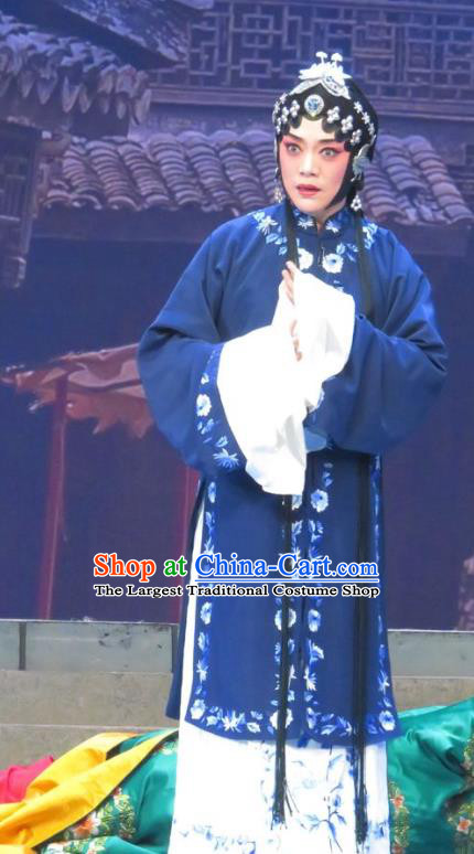 Chinese Ping Opera Tsing Yi Costumes Apparels and Headdress Bao Gong San Kan Butterfly Dream Traditional Pingju Opera Actress Blue Dress Garment