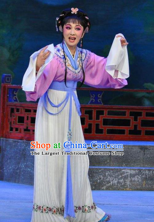 Chinese Shaoxing Opera Actress Dress Dream of the Red Chamber Yue Opera Costumes Apparels Maidservant Zi Juan Garment and Hair Jewelry