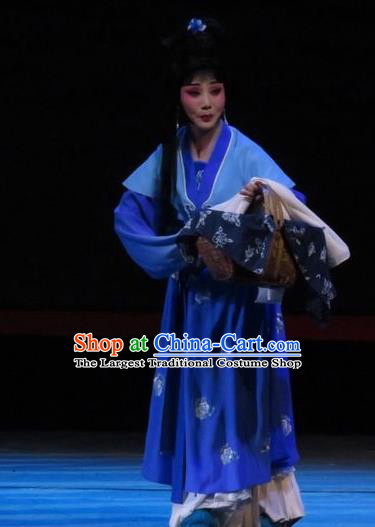 Chinese Ping Opera Country Woman Yang Sanchun Apparels Costumes and Headpieces The Five Female Worshipers Traditional Pingju Opera Diva Blue Dress Garment