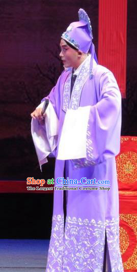 The Five Female Worshipers Chinese Ping Opera Scholar Purple Robe Costumes and Headwear Pingju Opera Xiaosheng Apparels Young Male Clothing