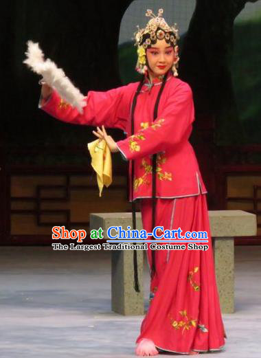 Chinese Ping Opera Young Female Apparels Costumes and Headdress Li Xianglian Selling Paintings Traditional Pingju Opera Diva Red Dress Garment