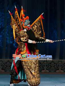 Ma Zhaoyi Chinese Ping Opera General Kao Armor Suit with Flags Costumes and Headwear Pingju Opera Elderly Male Apparels Clothing