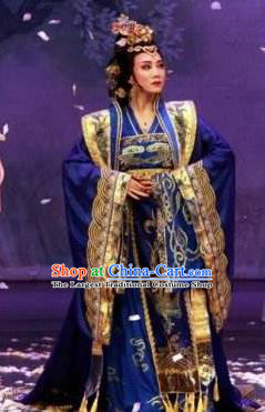 Chinese Shaoxing Opera Hua Tan Court Queen Blue Dress Costumes Yue Opera Zhen Huan Apparels Royal Dame Garment and Headdress