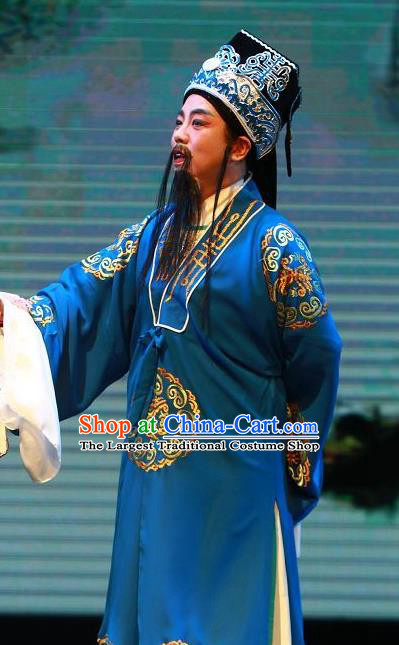 The Wrong Red Silk Chinese Yue Opera Elderly Male Apparels Shaoxing Opera Laosheng Costumes Garment Landlord Blue Robe and Hat