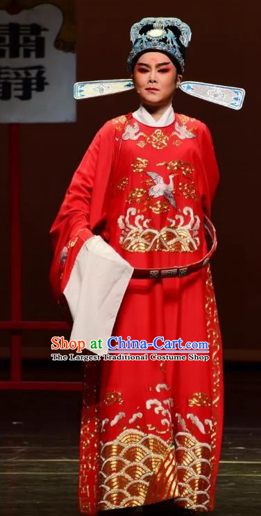 Chinese Yue Opera Official Costumes and Hat Shaoxing Opera Yan Zhi Apparels Magistrate Garment Wu Nandai Red Embroidered Robe