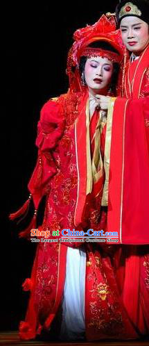 Chinese Shaoxing Opera Diva Wedding Red Dress Hua Tan Garment Yue Opera Lu You And Tang Wan Costumes Noble Lady Actress Bride Apparels and Headdress