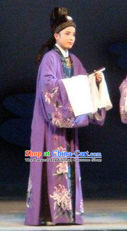 Chinese Yue Opera Xiaosheng Scholar Lu You And Tang Wan Costumes and Headwear Shaoxing Opera Niche Apparels Purple Garment