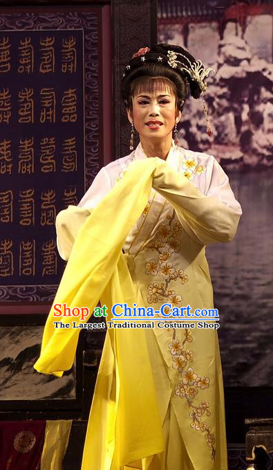 Chinese Shaoxing Opera Hua Tan Embroidered Yellow Dress Yue Opera Wu Nv Bai Shou Costumes Garment Young Female Apparels and Headpieces