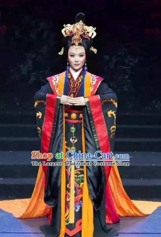 Chinese Shaoxing Opera Queen Dou Dress Costume and Headdress Yue Opera Apparels Court Lady Empress Garment