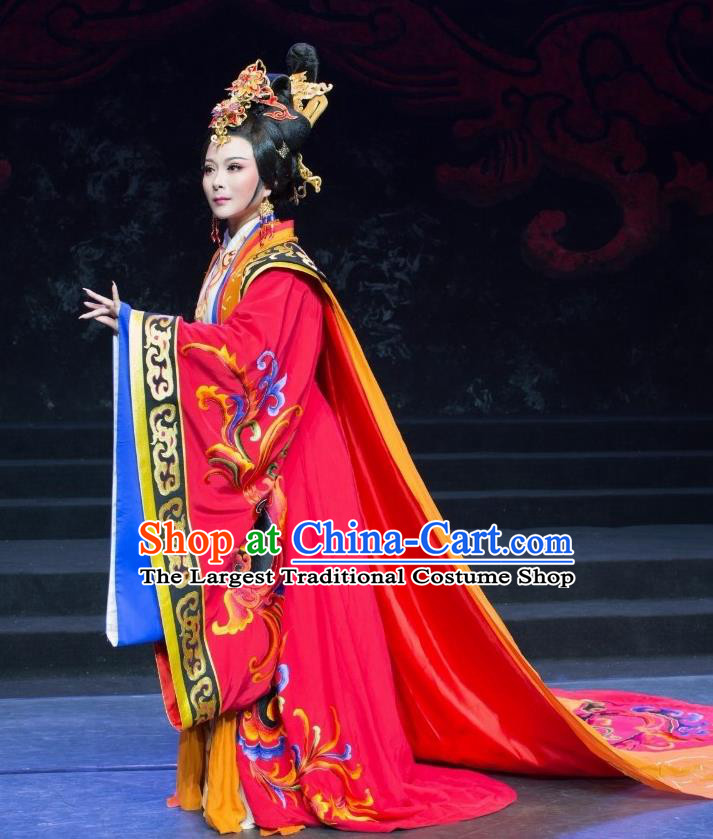 Chinese Shaoxing Opera Empress Dress Costume and Headdress Yue Opera Apparels Court Lady Han Dynasty Queen Garment