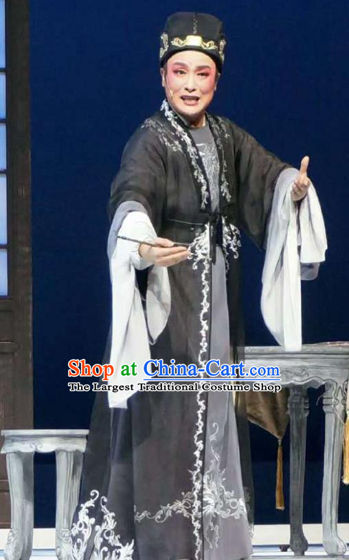 Chinese Yue Opera Xiaosheng Apparels Xiang Luo Ji Costumes and Hat Shaoxing Opera Young Male Garment Scholar Zhang Black Clothing