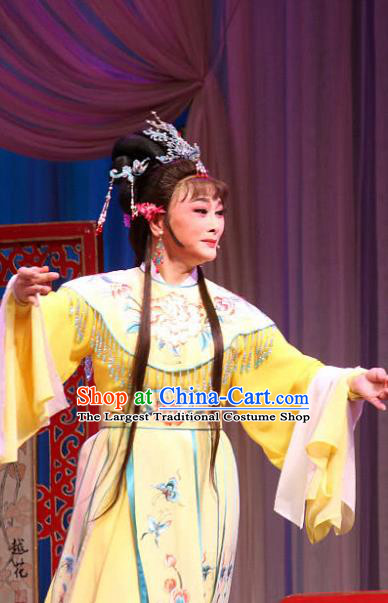 Chinese Shaoxing Opera Princess Liu Jinding Actress Apparels Yellow Dress Costumes and Hair Accessories San Kan Yu Mei Yue Opera Hua Tan Garment