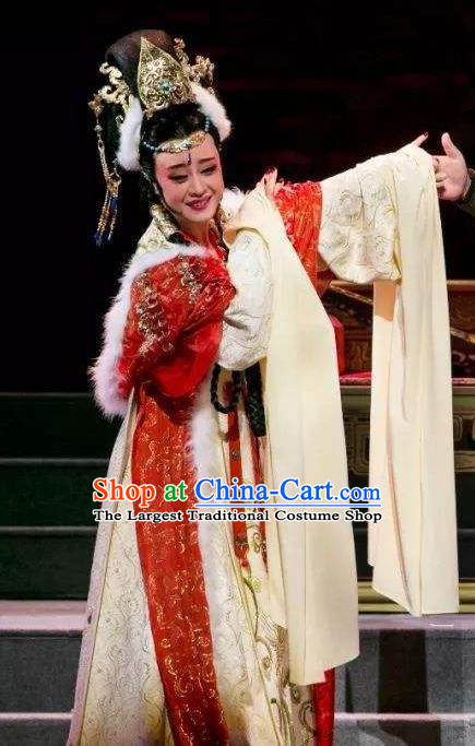 Chinese Shaoxing Opera Queen Actress Apparels Dress and Headdress The Desolate Palace of Liao Yue Opera Hua Tan Empress Xiao Guanyin Garment Costumes